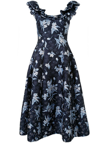 Delpozo floral-matelassé ruffle-trimmed dress in blue
