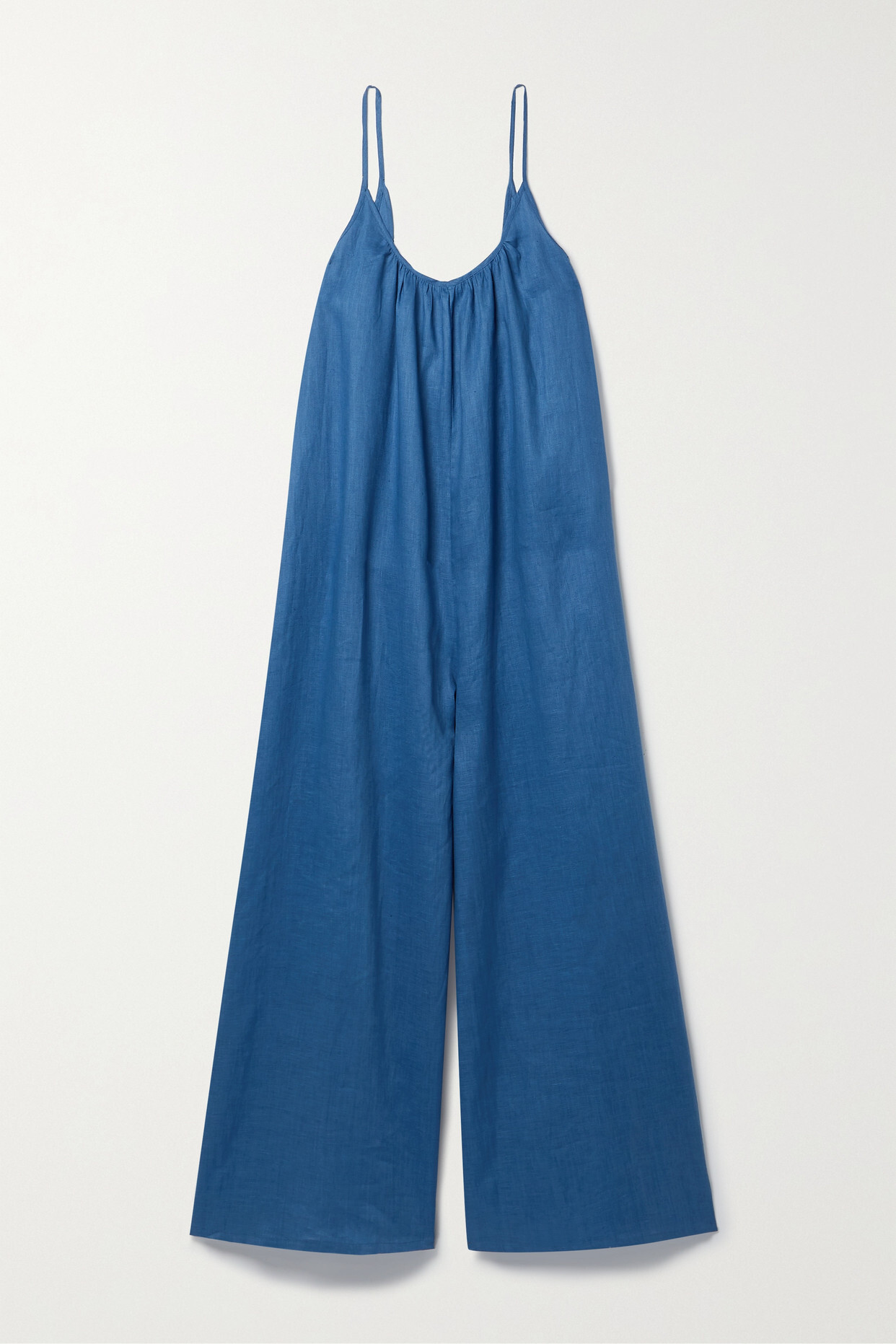 Pour Les Femmes - Gathered Linen Jumpsuit - Blue