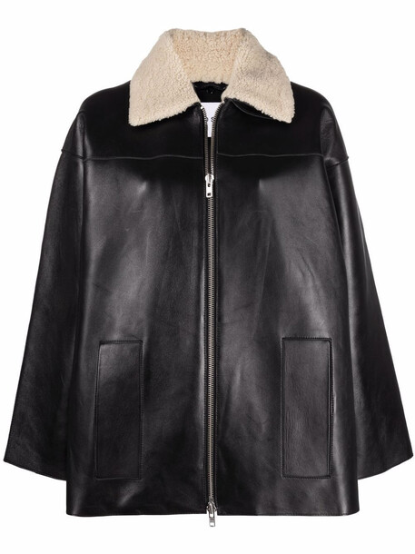 STAND STUDIO shearling-collared leather jacket - Black - Wheretoget