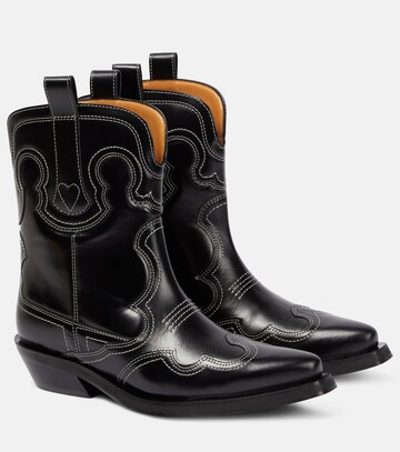 ganni leather cowboy boots in black