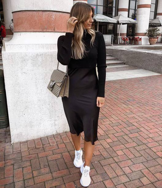 black satin dress with sneakers