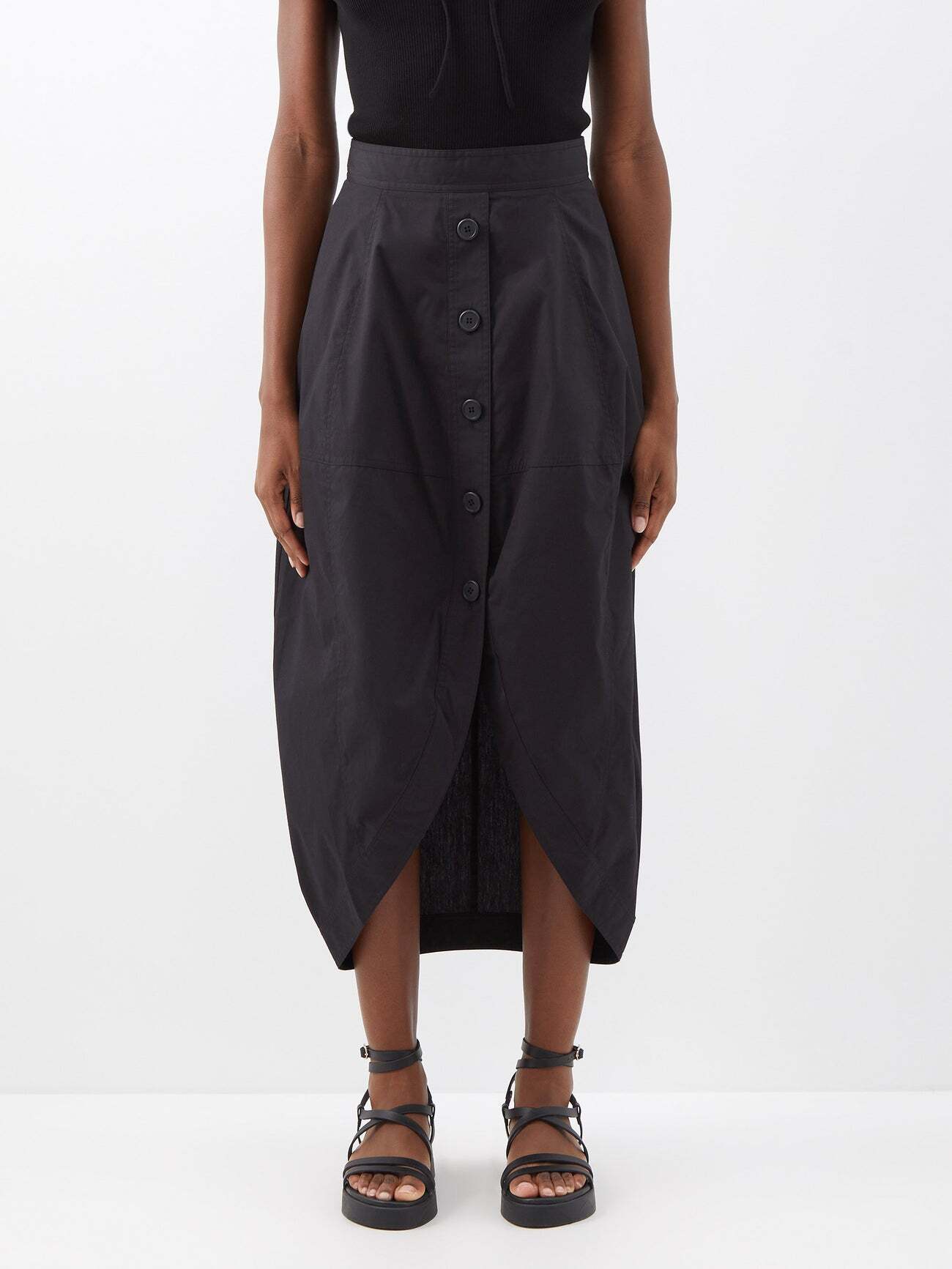 Lee Mathews - Oakley Asymmetric-hem Cotton Midi Skirt - Womens - Black