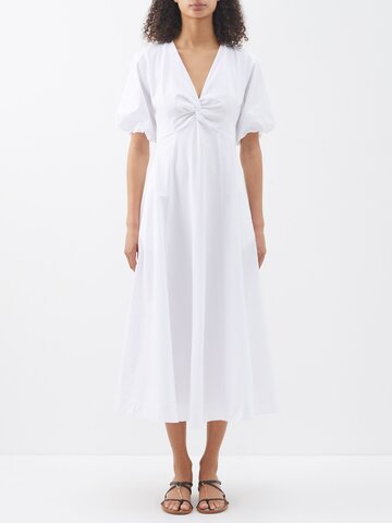 staud - finley twisted-neckline cotton-blend poplin dress - womens - white