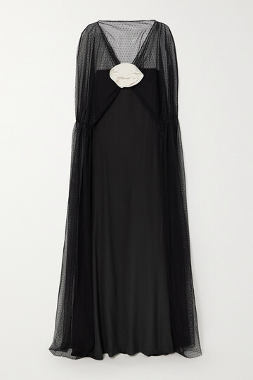 bernadette - delphine floral-appliquéd point d'esprit and silk crepe de chine gown - black