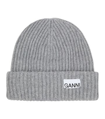 Ganni Ribbed-knit wool-blend beanie in grey