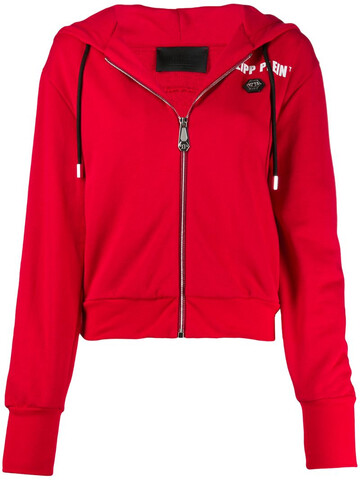 philipp plein zip-up logo print hoodie in red