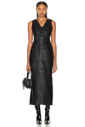 frame leather midi vest dress in black