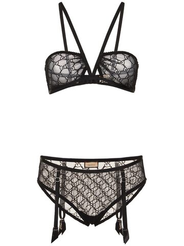 GUCCI Embroidered Tulle Underwear Set in black