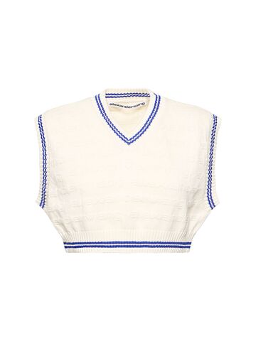 alexander wang logo stripe cropped cotton v-neck vest in white