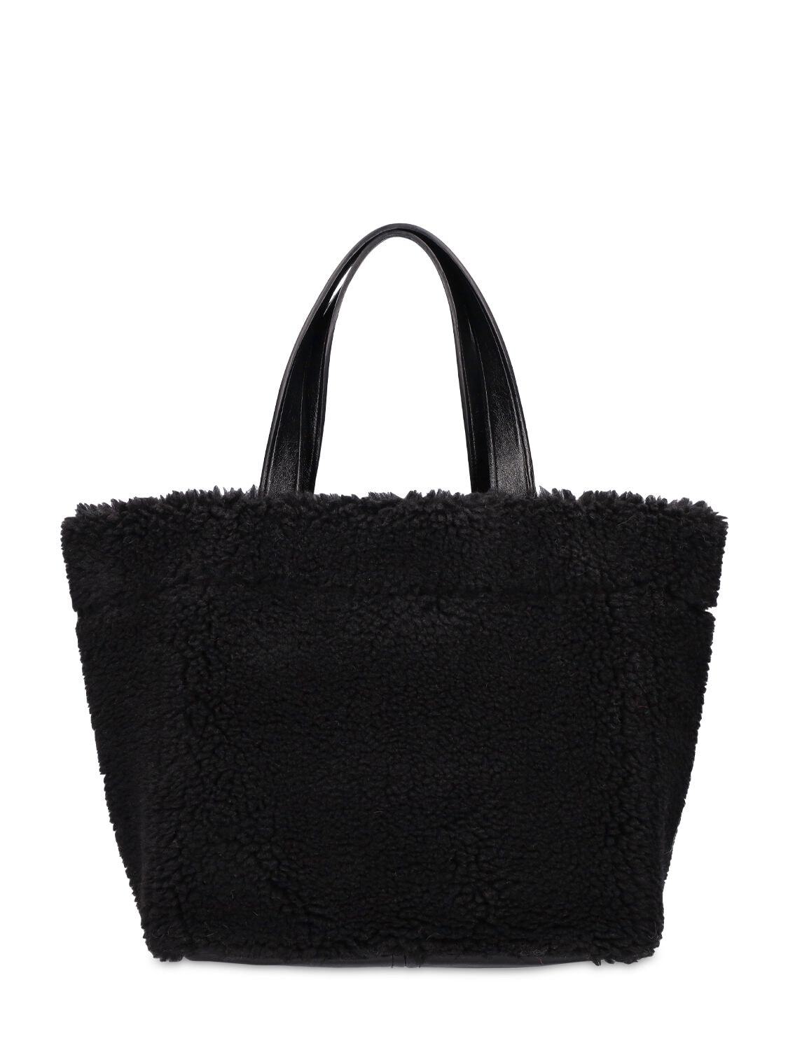 STAND STUDIO Small Faux Shearling Teddy Shopping Bag in black