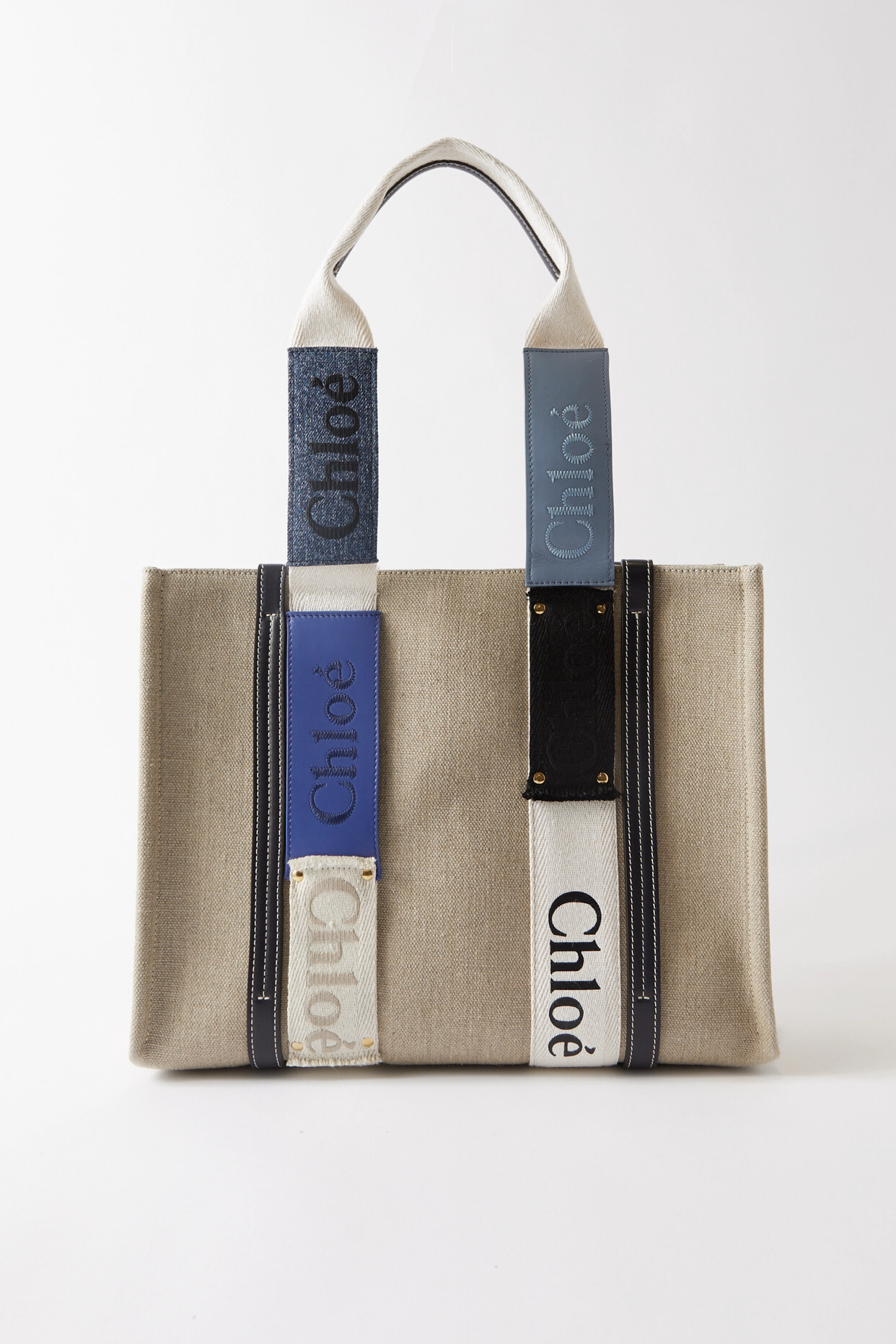 Chloé Chloé - Woody Medium Leather-trimmed Patchwork Linen-canvas Tote - Blue