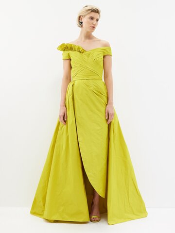 elie saab - off-the-shoulder pleated taffeta gown - womens - lime