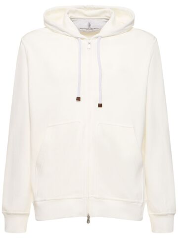 brunello cucinelli cotton blend zipped hoodie in white