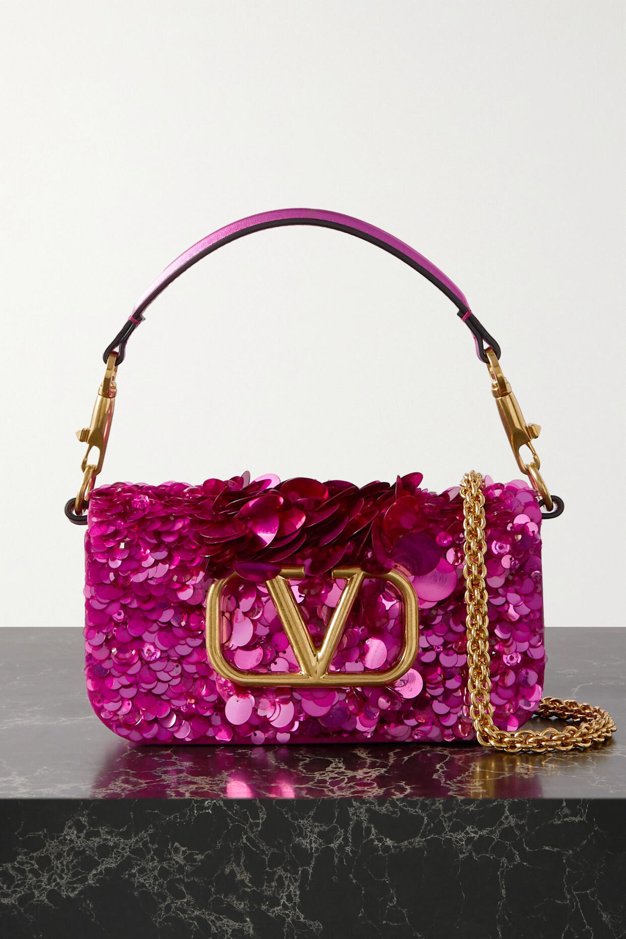 Valentino Garavani - Locò Vlogo Small Embellished Suede And Metallic Leather Shoulder Bag - Pink