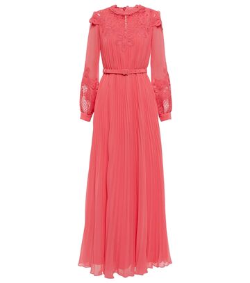 Self-Portrait Guipure lace-paneled chiffon gown in pink