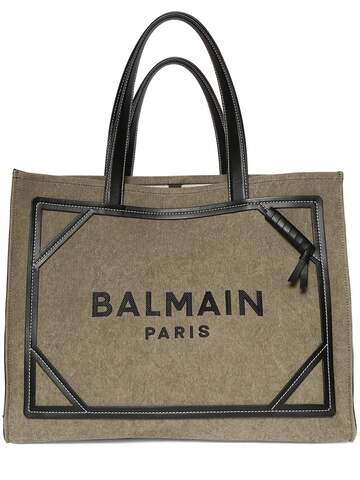 balmain medium b-army canvas & leather tote bag in noir