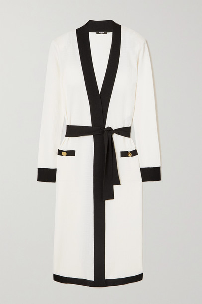 BALMAIN - Belted Two-tone Jacquard-knit Wool-blend Cardigan - White