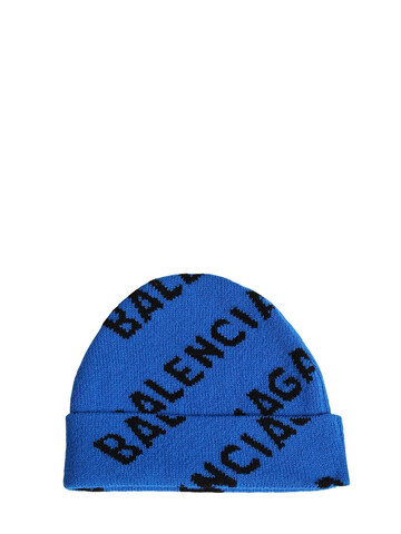 BALENCIAGA Logo Wool Blend Beanie in black / blue