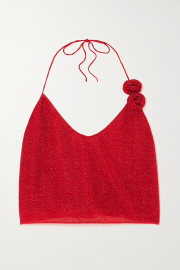 oséree - lumière cropped metallic stretch-knit halterneck top - red