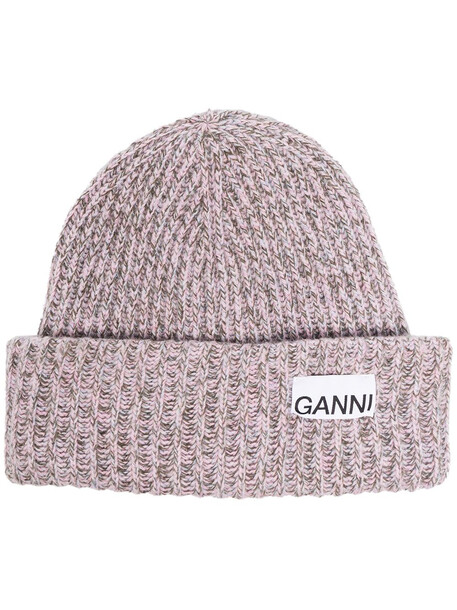 GANNI ribbed logo patch beanie - Pink