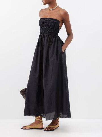 matteau - shirred-bodice organic-cotton blend midi dress - womens - black