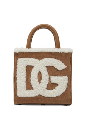 dolce & gabbana small daily logo suede top handle bag in brown