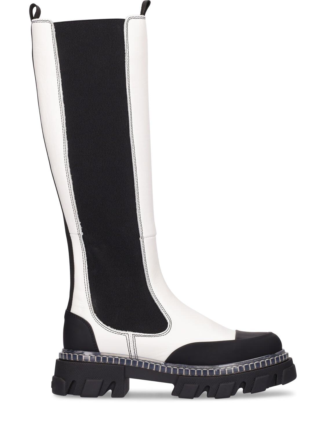 GANNI 50mm Leather Tall Boots in black / white
