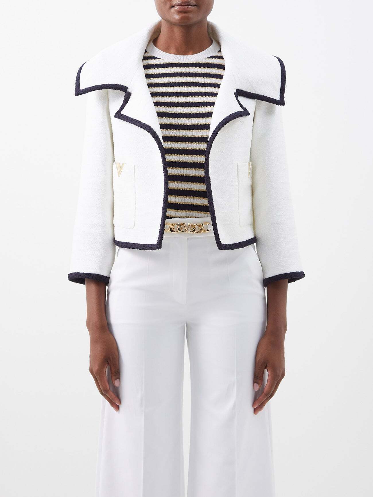 Valentino - Oversized-lapel Cropped Tweed Jacket - Womens - White Navy