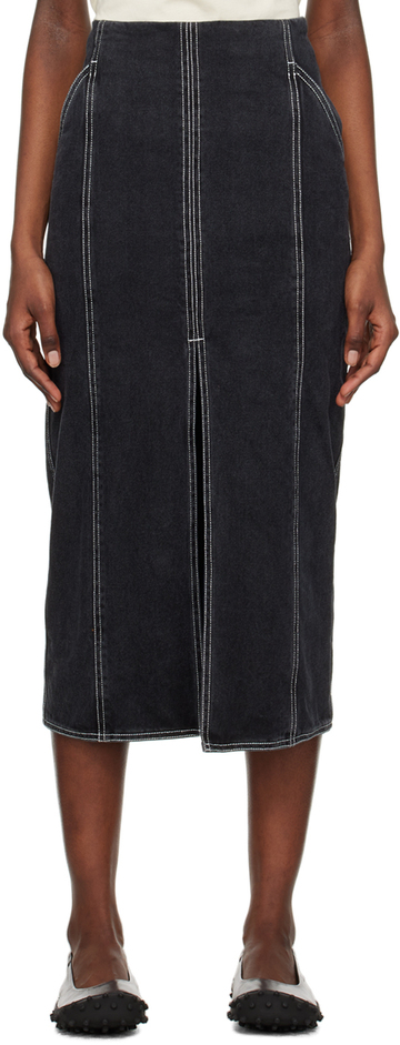 SUNNEI Gray Faded Denim Midi Skirt in black
