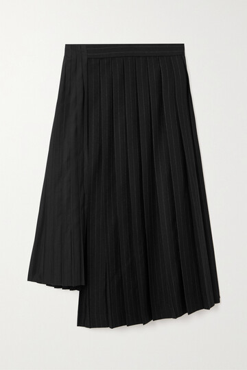 sacai - pleated pinstriped asymmetric wool and poplin midi skirt - black