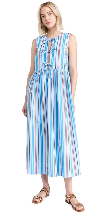 ganni stripe cotton midi dress brilliant blue 32