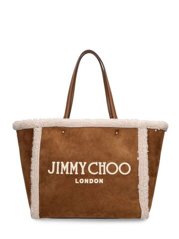 jimmy choo avenue shearling tote bag in brown / khaki