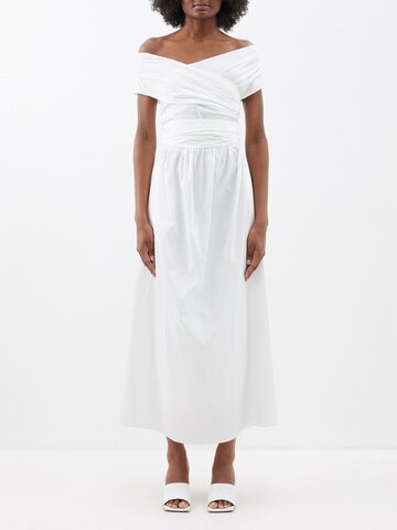 altuzarra - corfu bardot-neckline cotton-blend poplin dress - womens - white