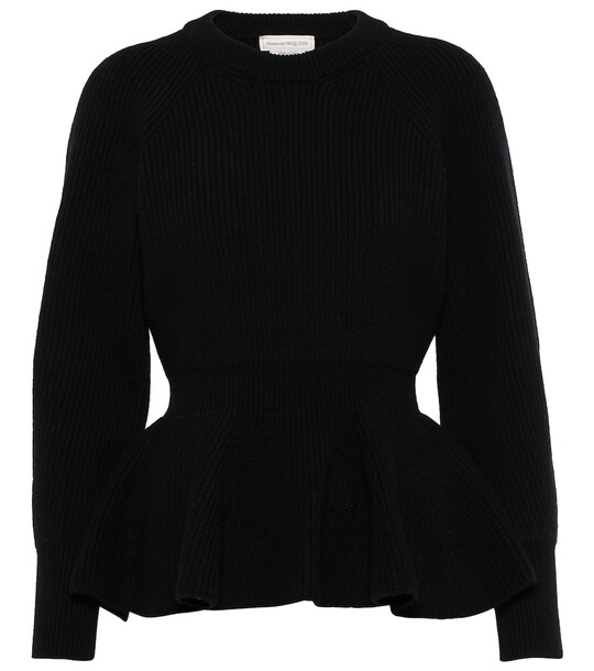 Alexander McQueen Ribbed-knit peplum wool sweater in black