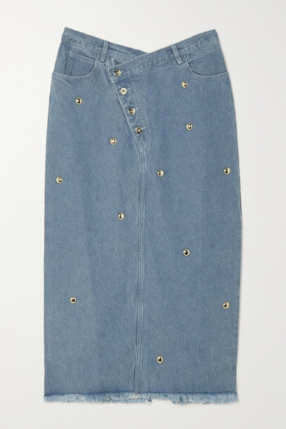 Marques' Almeida - + Net Sustain Studded Frayed Denim Midi Skirt - Blue