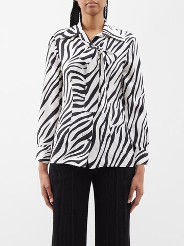 gucci - zebra-print pussy-bow silk-twill blouse - womens - black white