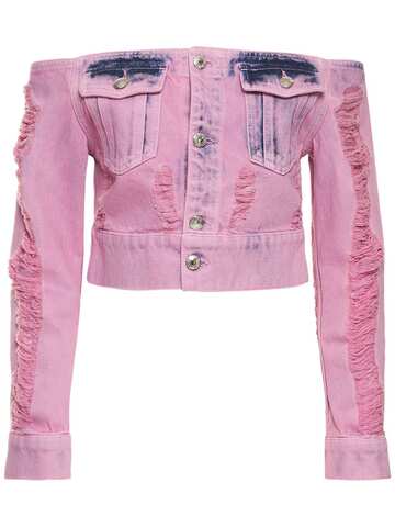 GCDS Frayed Cropped Denim Jacket in pink