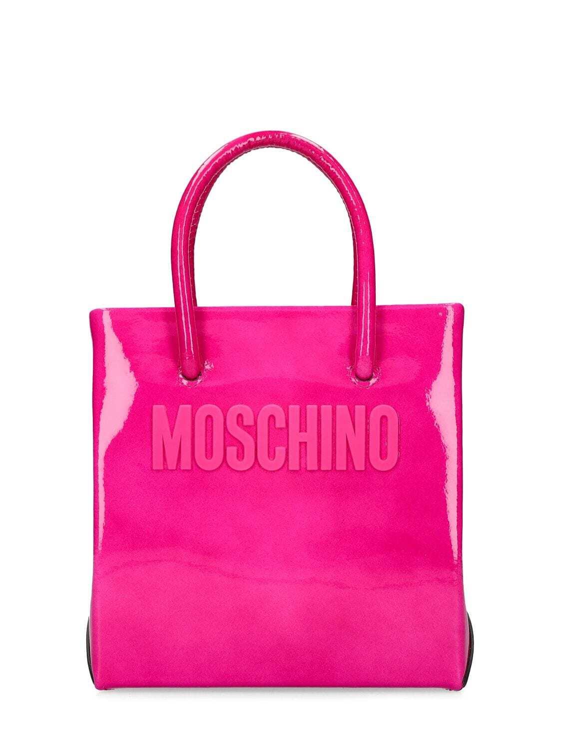 MOSCHINO Logo Patent Leather Top Handle Bag in purple