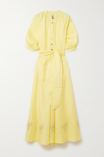 ÀCHEVAL PAMPA ÀCHEVAL PAMPA - Argentina Belted Embroidered Linen Maxi Shirt Dress - Yellow