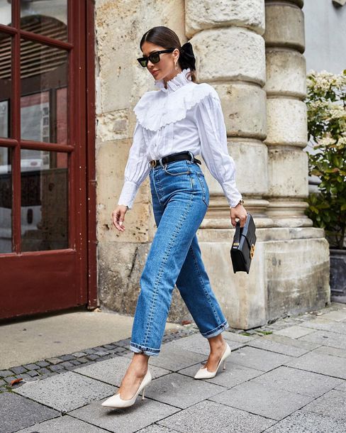 top, white blouse, long sleeves, high waisted jeans, straight jeans ...