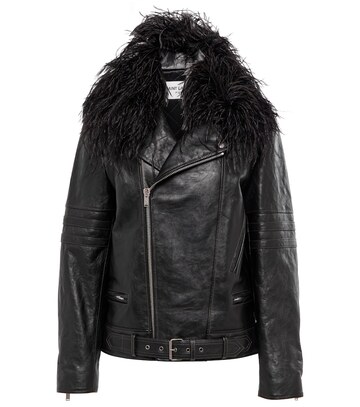Saint Laurent Feather-trimmed leather biker jacket in black
