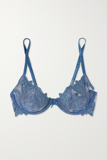 fleur du mal - lily satin-trimmed embroidered stretch-tulle underwired bra - blue