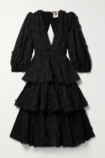 farm rio - tiered embroidered crepe midi dress - black