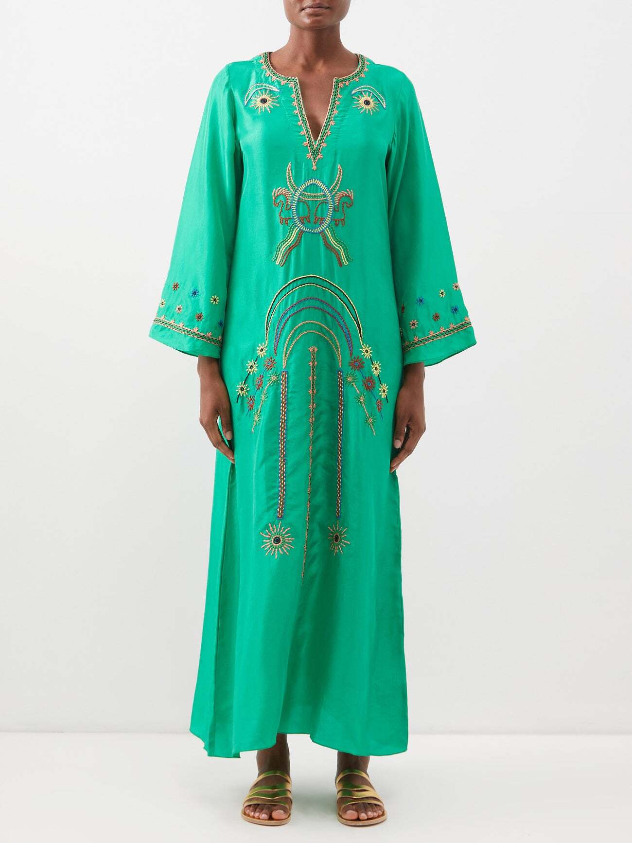 Muzungu Sisters - India Embroidered Silk Kaftan Dress - Womens - Green Multi
