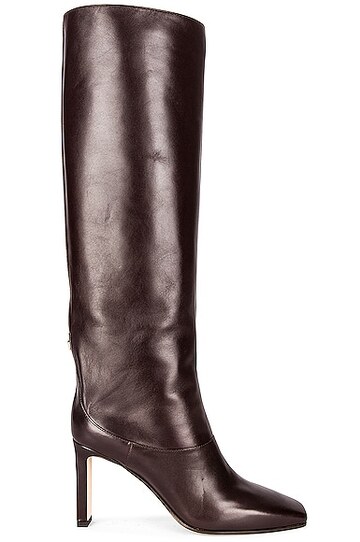 jimmy choo mahesa 85 shiny leather boot in brown