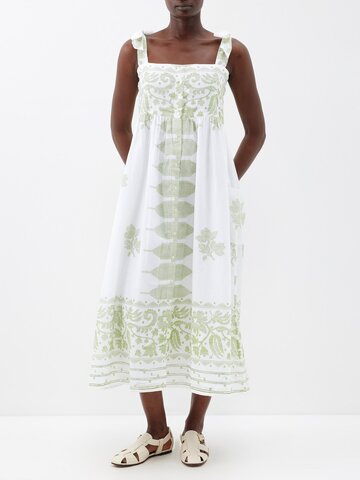 juliet dunn - tie-shoulder printed dhaka-muslin midi dress - womens - white green