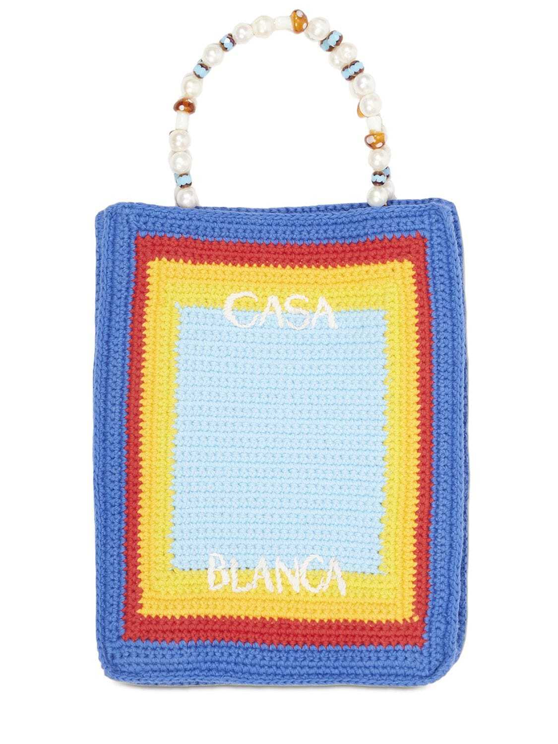 CASABLANCA Beaded Crochet Tote Bag in blue / multi