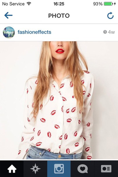 shirt blouse lips print romantic top buttondown white top