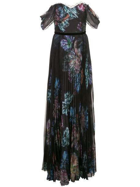 Marchesa Notte draped floral print gown in black