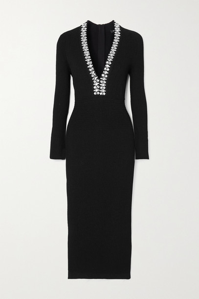 BALMAIN - Crystal-embellished Ribbed-knit Midi Dress - Black